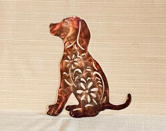 Puppy Dog With Flowers Indoor or Outdoor Wildlife Metal Wall Art