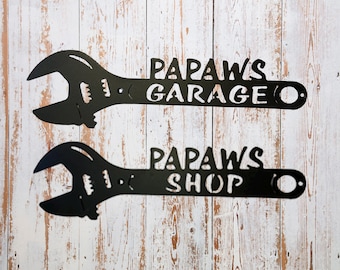 Papaw’s Garage or Shop Metal Wrench Sign, Personalized Gift for Papaw