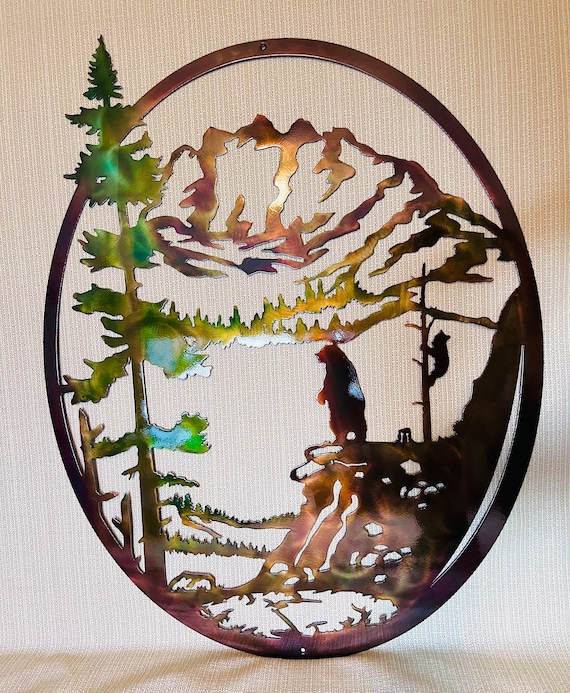 Bear And Cub With Mountains And Trees Oval Indoor Or Outdoor Wildlife Metal Wall Art