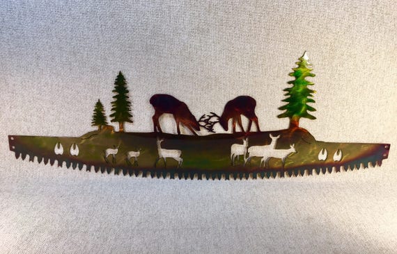 Whitetail Buck & Doe on Crosscut Saw Indoor or Outdoor Metal Wall Art