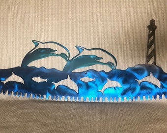 Porpoise Dolphin Fish w/ Lighthouse in Crosscut Saw Blade Indoor or Outdoor Nautical Metal Wall Art