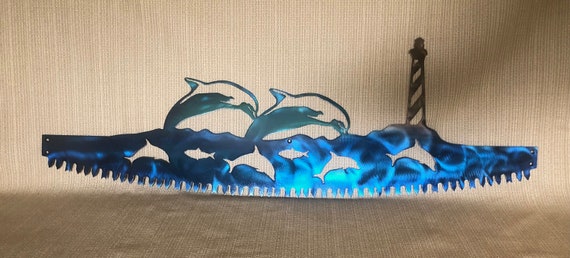 Porpoise Dolphin Fish w/ Lighthouse in Crosscut Saw Blade Indoor or Outdoor Nautical Metal Wall Art