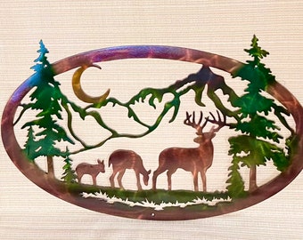 Whitetail Deer Family Metal Wall Art: Mountain Scene, Handmade, Patina Finish