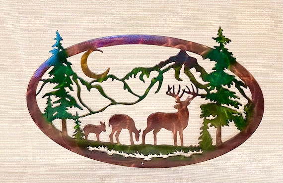 Whitetail Buck And Doe Deer With Mountains And Trees Indoor Or Outdoor Wildlife Metal Wall Art