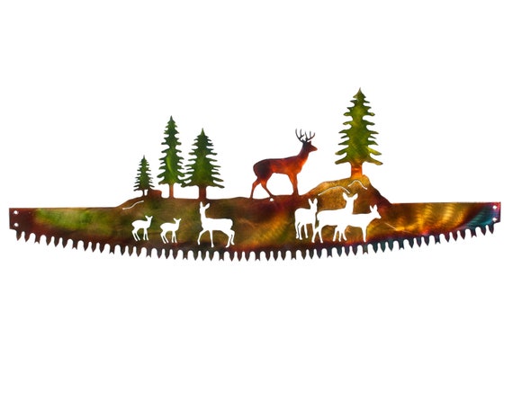 Whitetail Buck & Deer Family in Crosscut Saw Blade Indoor or Outdoor Wildlife Metal Wall Art