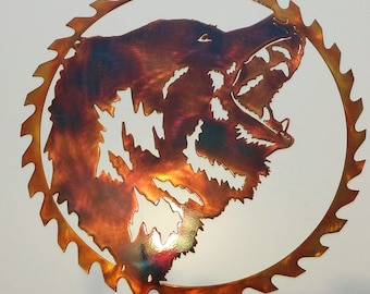 Grizzly Bear Head In Sawblade Indoor Or Outdoor Wildlife Metal Wall Art