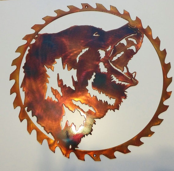 Grizzly Bear Head In Sawblade Indoor Or Outdoor Wildlife Metal Wall Art