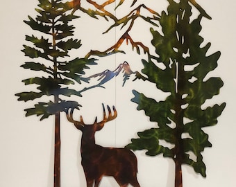Whitetail Buck Deer Trees & Mountains Indoor Outdoor Wildlife Metal Wall Art