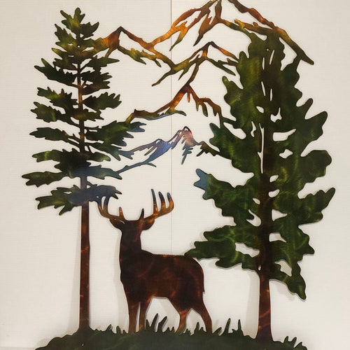 Whitetail Buck Deer W/ Mountain & Trees Metal Wall Art Etsy