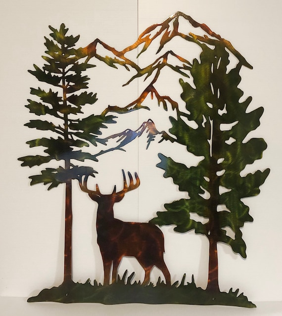 Whitetail Buck Deer Trees & Mountains Indoor Outdoor Wildlife Metal Wall Art