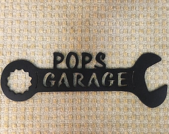 Pops Garage Wrench Metal Art Man Cave Decor Cusomizable