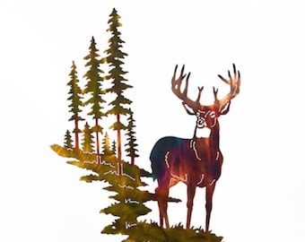 Whitetail Buck Deer w/ Mountain & Trees Large Metal Wall Art