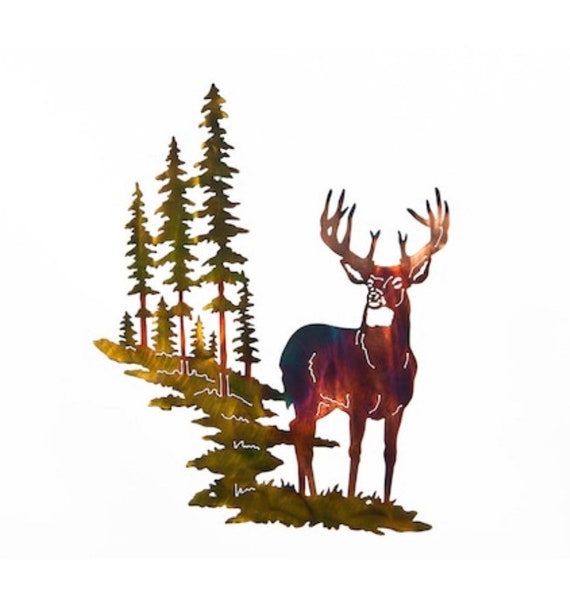 Whitetail Buck Deer w/ Mountain & Trees Large Metal Wall Art