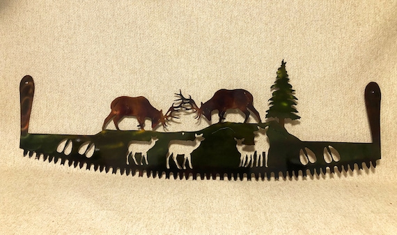 Elk Fighting On Crosscut Saw With Handles Hunting Lodge or Mountain Cabin Metal Wall Art