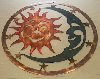 Sun Moon Stars Metal Wall Art – Celestial Wall Decor – Outdoor Sun and Moon Metal Art – Rustic Patio Wall Decor – Celestial Garden Decor