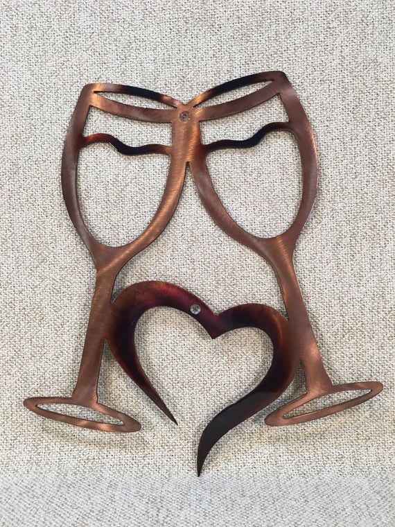 Wine Glasses W Heart Metal Wall Art Bar Or Kitchen Decor - Copper Wall Art For Kitchen Wine Glasses W Heart Metal Wall Art Bar Or Kitchen Decor - Copper Wall Art For Kitchen