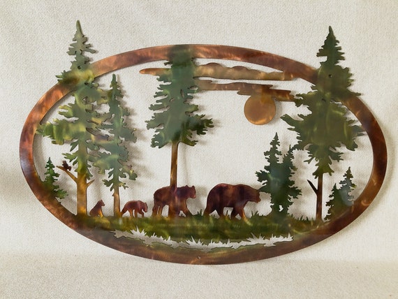 Bear Family And Mountains With Trees Indoor Or Outdoor Wildlife Metal Wall Art