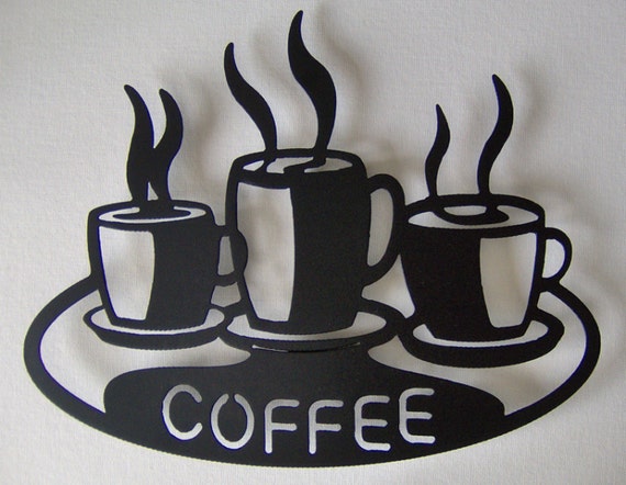 Coffee Cups on Platter Plasma Cut Metal Kitchen Station Wall Art