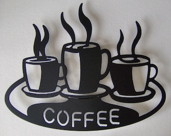 Metal Coffee Cup Platter Wall Hanging, Modern Kitchen Decor Wall Art