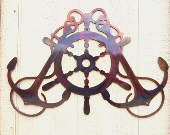 Ships Wheel & Crossed Anchors Indoor Or Outdoor Nautical Metal Art
