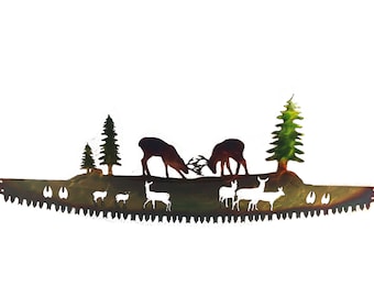 Whitetail Bucks Fighting on Crosscut Saw Metal Wall Art Deer Lodge Decor