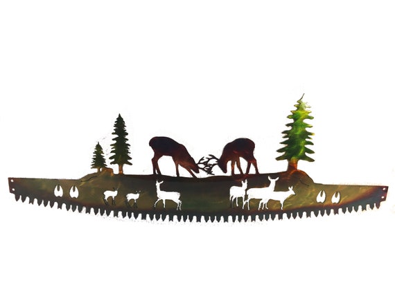 Whitetail Bucks Fighting on Crosscut Saw Metal Wall Art Deer Lodge Decor