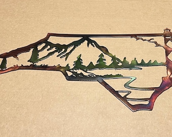 North Carolina Outline Lighthouse, Mountains, Trees Indoor Or Outdoor Customizable Metal Wall Art