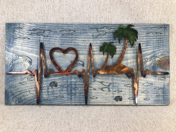 Metal Art EKG Rhythm Line Heart & Palm Trees On Laser Engraved Wood