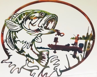 Largemouth Bass & Man In Fishing Boat Oval Indoor or Outdoor Wildlife Metal Wall Art