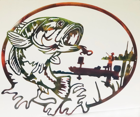 Largemouth Bass & Man In Fishing Boat Oval Indoor or Outdoor Wildlife Metal Wall Art