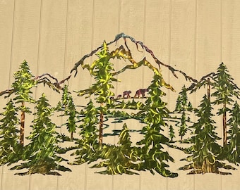 Pine Trees, Forest, Bears And Mountains Up To 9 Ft Wide Scene Metal Wall Art Home Decor