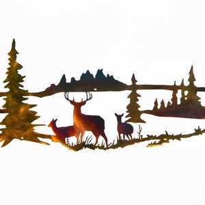 Whitetail Buck, Doe Deer & Trees Wildlife Indoor Outdoor Plasma Cut Metal Wall Art