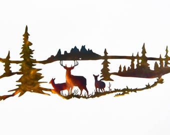 Whitetail Buck, Doe Deer & Trees Wildlife Indoor Outdoor Plasma Cut Metal Wall Art
