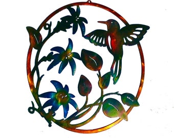 Hummingbird and Flowers Indoor Or Outdoor Metal Wall Art Hand Finish Wall Hanging