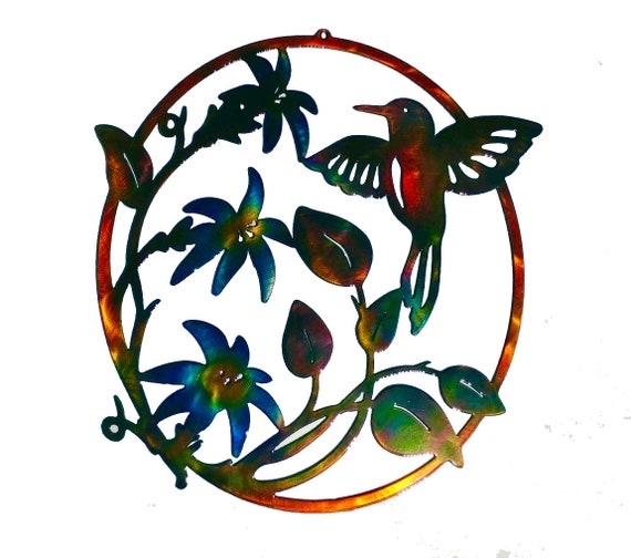 Hummingbird and Flowers Indoor Or Outdoor Metal Wall Art Hand Finish Wall Hanging