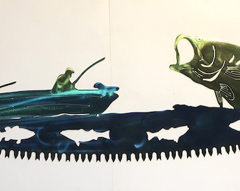 Smallmouth Bass Fishing Metal Wall Art: Crosscut Saw Blade Nautical Decor, Handmade, Hand Finished