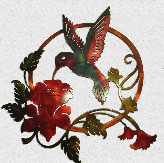 Hummingbird Feeding On Flowers Indoor Or Outdoor Metal Wall Art W/ Patina Finish