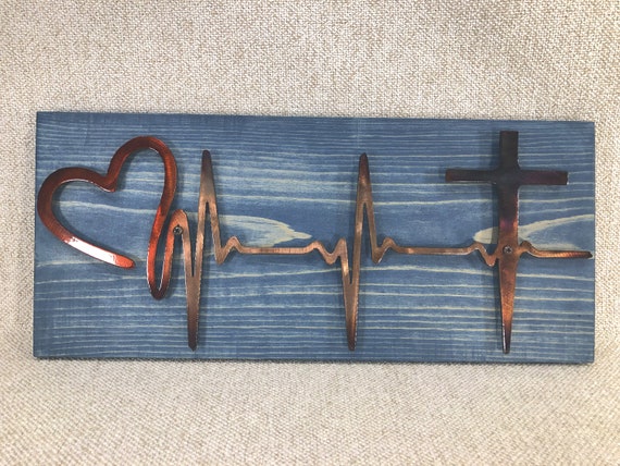 Metal Art Heart & Cross Heartbeat EKG Rythm Line On Lasered Wood
