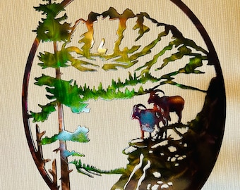 Mountain Goats With Mountains And Trees Oval Indoor Or Outdoor Wildlife Metal Wall Art