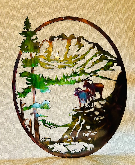 Mountain Goats With Mountains And Trees Oval Indoor Or Outdoor Wildlife Metal Wall Art