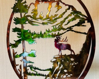 Elk Metal Wall Art: Mountain Scene, Wildlife Decor, Handmade, Hand Finished