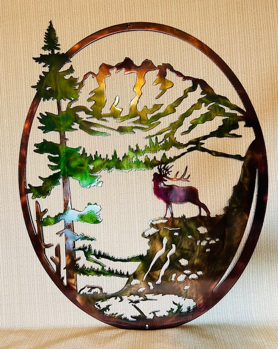 North American Bull Elk Mountains With Trees Oval Indoor Or Outdoor Wildlife Metal Wall Art