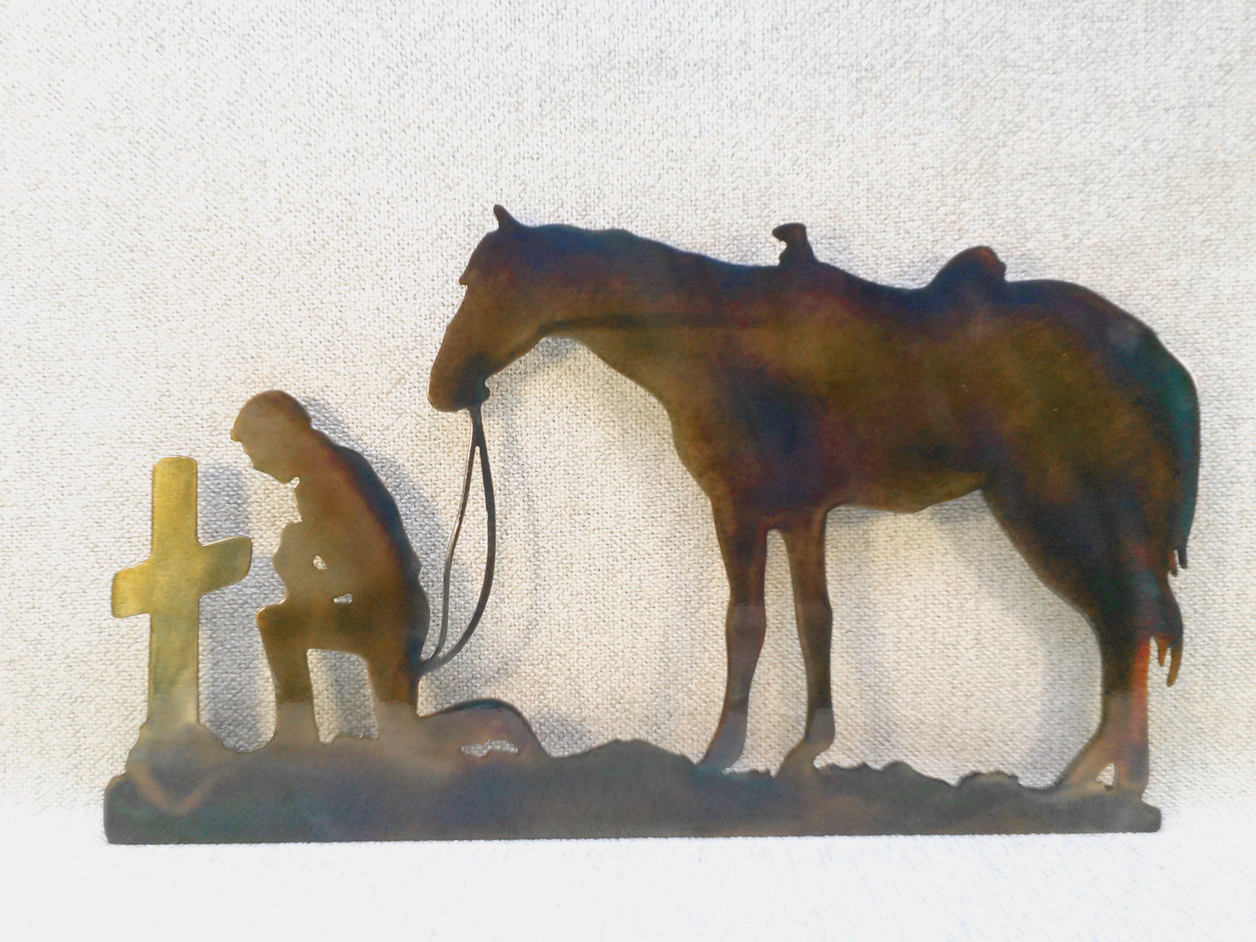 Cowboy And Horse Praying At Cross Indoor Or Outdoor Metal Wall Art