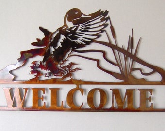Duck Landing Welcome Sign: Patina Finish Metal Wall Art, Handmade, Hand Finished