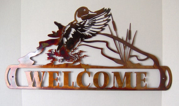 Duck Landing On Water Welcome Sign Indoor Or Outdoor Metal Wall Art W/ Patina Finish