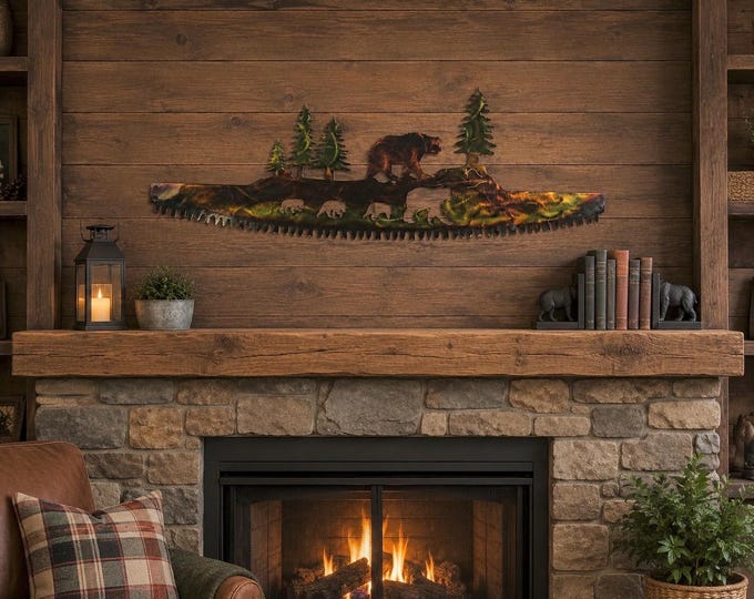 Featured listing image: Rustic Bear Family Crosscut Saw Wall Art, Handcrafted Steel Cabin & Lodge Decor