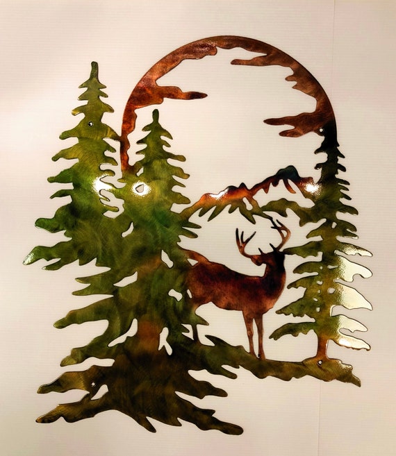 Whitetail Buck Trees & Moon Indoor or Outdoor Wildlife Metal Wall Art