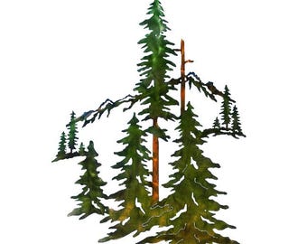 Handmade Steel Pine Forest Wall Art, Copper Patina Mountain Landscape Decor