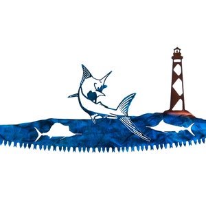 Blue Marlin & Hatteras Island Lighthouse  in Crosscut Saw Blade Indoor or Outdoor Metal Wall Art