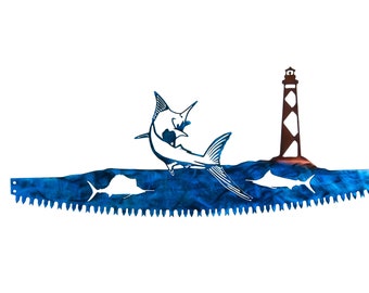 Blue Marlin & Hatteras Lighthouse Metal Wall Art on Crosscut Saw, Handmade, Hand Finished